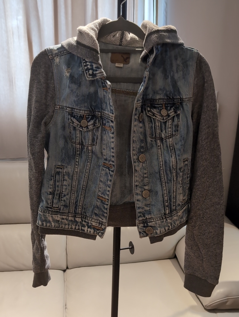AE Women's Hooded Denim Jacket with Knit Sleeves - Gray/Light Wash